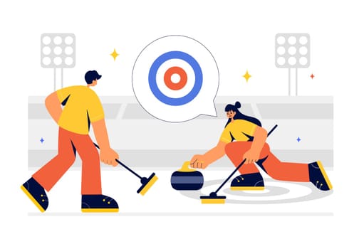 Curling Sport Vector Illustration featuring a Team Playing the Game with Rocks and Brooms on a Rectangular Ice Rink in a Championship in a Background