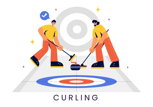 Curling Sport Vector Illustration featuring a Team Playing the Game with Rocks and Brooms on a Rectangular Ice Rink in a Championship in a Background