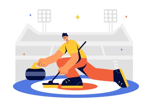 Curling Sport Vector Illustration featuring a Team Playing the Game with Rocks and Brooms on a Rectangular Ice Rink in a Championship in a Background