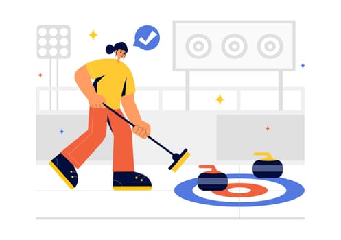 Curling Sport Vector Illustration featuring a Team Playing the Game with Rocks and Brooms on a Rectangular Ice Rink in a Championship in a Background