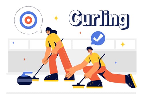 Curling Sport Vector Illustration featuring a Team Playing the Game with Rocks and Brooms on a Rectangular Ice Rink in a Championship in a Background