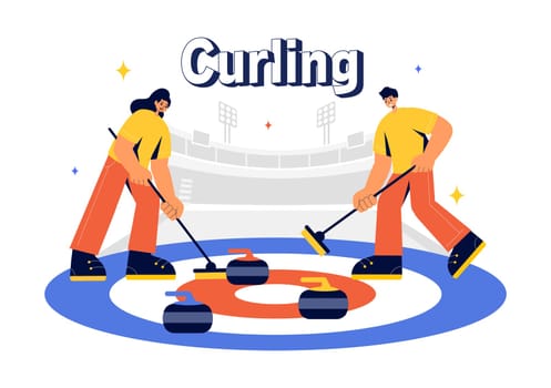 Curling Sport Vector Illustration featuring a Team Playing the Game with Rocks and Brooms on a Rectangular Ice Rink in a Championship in a Background