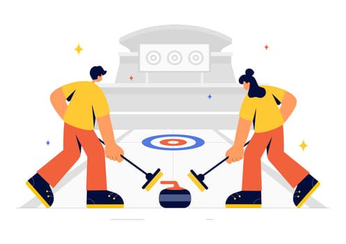 Curling Sport Vector Illustration featuring a Team Playing the Game with Rocks and Brooms on a Rectangular Ice Rink in a Championship in a Background
