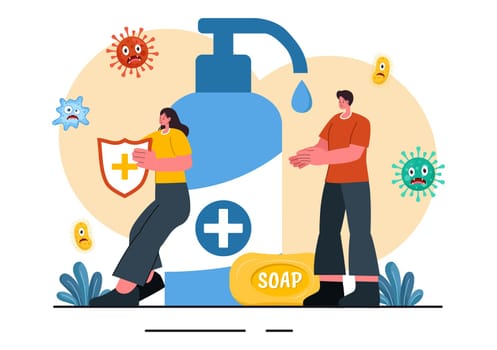 Antibacterial Vector Illustration of Handwashing, Virus Prevention, and Microbe Control for Hygiene and Healthcare in a Flat Style Background