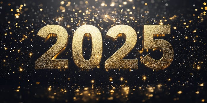 The sparkling numbers 2025 are highlighted against a backdrop of shimmering golden lights, creating a festive celebration atmosphere.