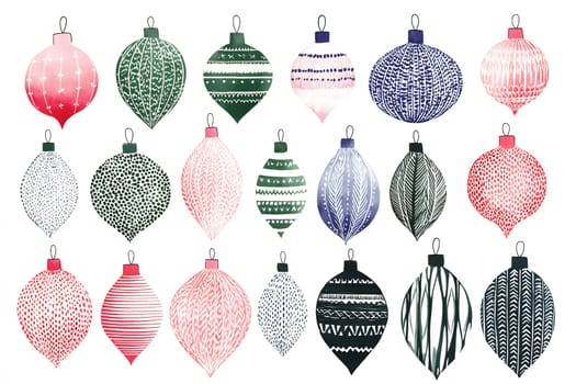 A collection of decorative ornaments, showcasing different patterns and colors, ideal for enhancing festive holiday decorations.