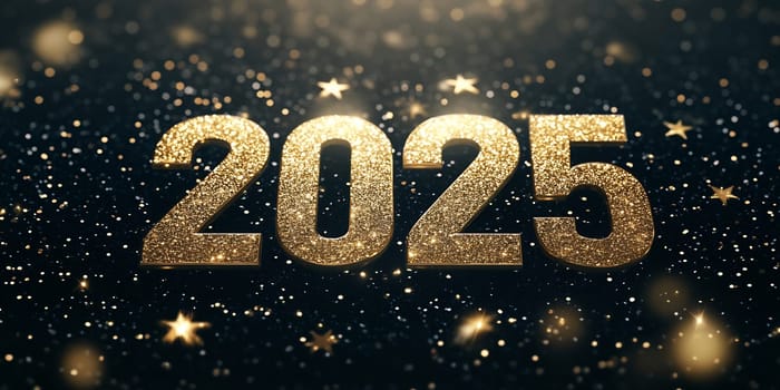 Glittering numbers 2025 shine brightly, surrounded by sparkling stars on a dark background, perfect for New Year's celebrations.