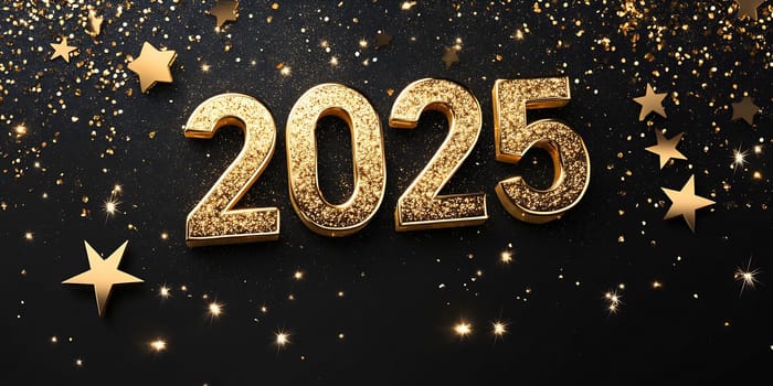 The year 2025 is displayed in glittering gold with stars and sparkles enhancing the celebratory atmosphere.