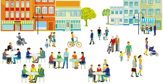Groups of people in their free time in a residential area with restaurants, illustration