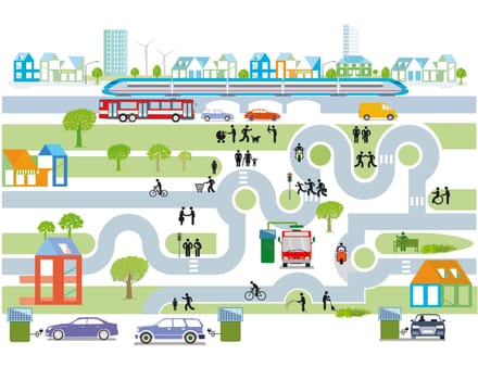 City overview with traffic and houses, information illustration