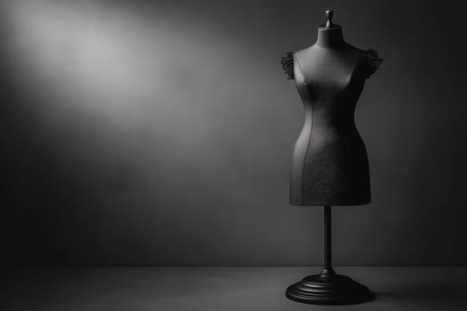 A stylish dress form stands alone in a clean, minimalist setting, illuminated against a dark backdrop, showcasing its elegant silhouette. This design emphasizes simplicity and sophistication.