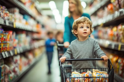 A family is exploring a grocery store, with a young child looking curiously while pushing a small cart. The busy aisle is filled with colorful products and bustling shoppers around them.