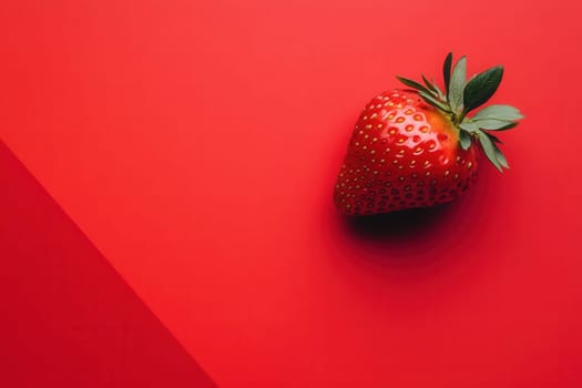 A ripe strawberry sits on a smooth, bright red background, emphasizing its natural beauty and vibrant color. The composition is minimalist, showcasing the fruits freshness and simplicity.