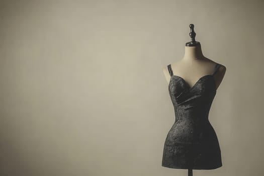 A stylish black dress form stands gracefully against a neutral wall, showcasing a clean minimalist design. It emphasizes elegance and simplicity, perfect for a fashion display.