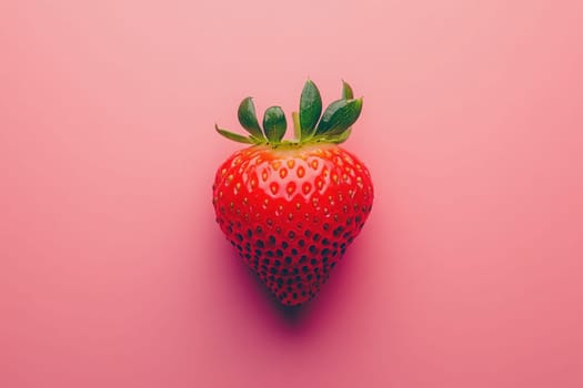 The strawberry stands out against a soft pink background, highlighting its vibrant red color and green leaves. This minimalist composition enhances the fruits natural allure.