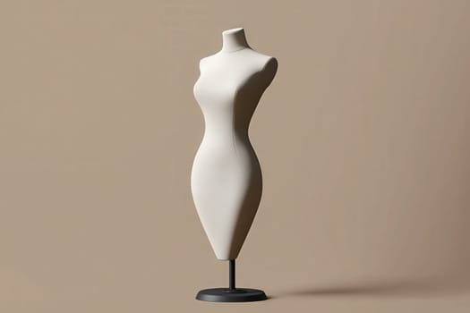 A stylish dress form features a clean minimalist design, standing tall on a simple black base. It showcases a modern aesthetic against a soft, neutral background that enhances its elegance.