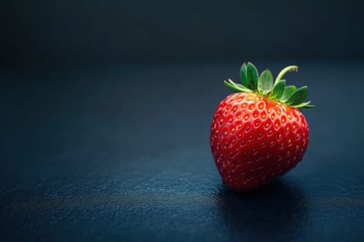 A single ripe strawberry rests elegantly on a dark surface, showcasing its bright red color and unique texture. The surrounding minimalism enhances its appeal, drawing focus to the fruits details.