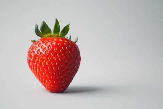A bright red strawberry sits prominently on a soft, neutral backdrop, highlighting its texture and vibrant color. This clean aesthetic emphasizes the fruits freshness and appeal.