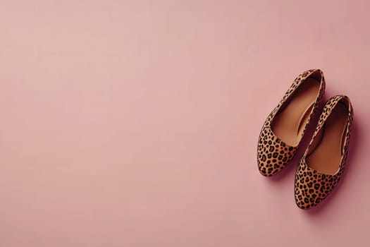 These chic flat shoes feature a trendy leopard print design, elegantly arranged on a soft pink background, highlighting their fashionable appeal and versatile style for various occasions.
