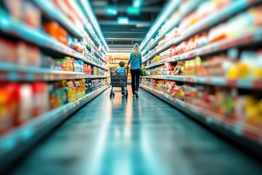 A family walks hand in hand through a brightly lit grocery store aisle, with a child pushing a small cart. They are browsing products on the shelves, creating a joyful shopping experience.