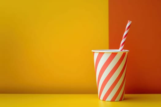 A clean, minimalist composition features a cup with a red and white striped straw set against bright yellow and orange panels, creating a fresh and inviting atmosphere for enjoying beverages.