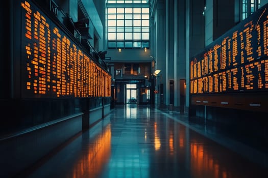 Inside a modern trading hall, digital display boards flash stock market data amidst a clean, minimalist design. The atmosphere reflects a sense of unrest as traders monitor fluctuations closely.