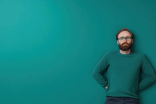 The man leans slightly against the turquoise wall, showing a tired expression. His casual attire suggests he has had a long day, reflecting his exhaustion in a clean, minimalist setting.