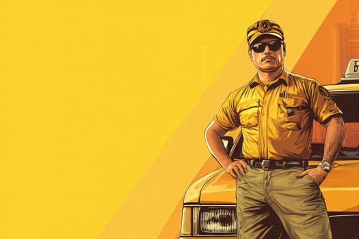 A taxi driver stands proudly next to his cab, wearing a yellow shirt and sunglasses. The bright backdrop complements his confident demeanor, highlighting the vibrant atmosphere of the city.