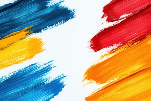 Vivid strokes of blue, yellow, red, and orange paint create a striking contrast against a pristine white backdrop, showcasing dynamic artistic expression through varied textured brush techniques.