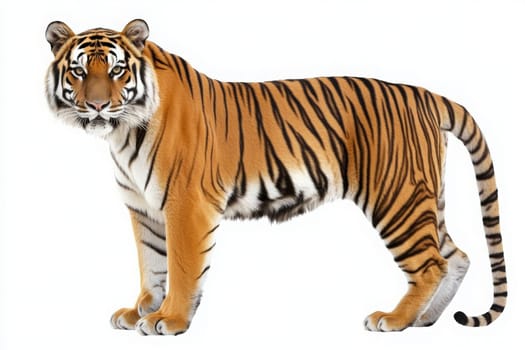 A powerful tiger stands confidently in the center, displaying its intense gaze and beautiful striped coat. This magnificent creature captures the essence of wild beauty and strength.