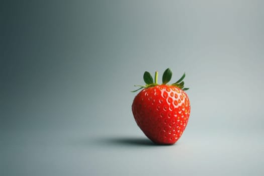 A single strawberry rests on a textured gray surface, showcasing its bright red color and natural sheen. The minimalist presentation emphasizes its fresh appeal and simplicity.