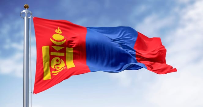 Mongolia national flag waving in the wind on a clear day. Red, blue, red stripes, yellow Soyombo on left red. 3d illustration render. Rippling fabric. Selective focus