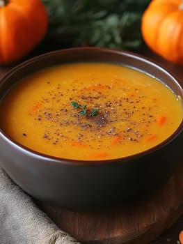 healthy pumpkin soup with ginger carrots and coconut milk . AI generative.