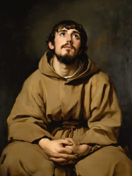 st Francis of Assisi, young man, monk, beard, brown clothing, AI generative.