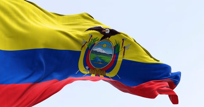 Close-up of Ecuador national flag waving in the wind on a clear day. The Republic of Ecuador is a presidential republic of South America. 3d illustration render. Fluttering fabric