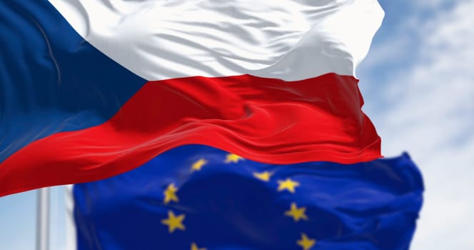 Close-up of national flag of Czech Republic waving in the wind with European Union flag on a clear day. 3d illustration render. Rippling fabric. Selective focus
