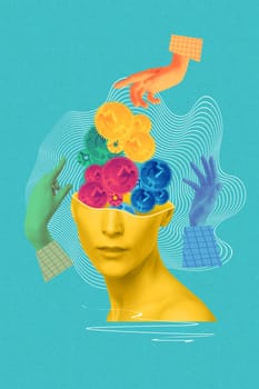 Contemporary art collage, design. Abstract doctor hands near human head, working with mental issues. Psychiatrist. Concept of medical assistance, treatment, mental treatment - fix your brains concepts