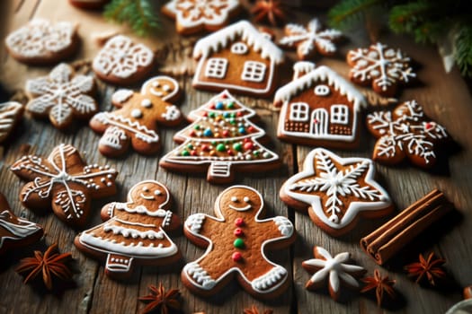 A selection of beautifully decorated gingerbread cookies featuring snowflakes, gingerbread people, trees, and houses, arranged on a rustic wooden table. Perfect for holiday cheer