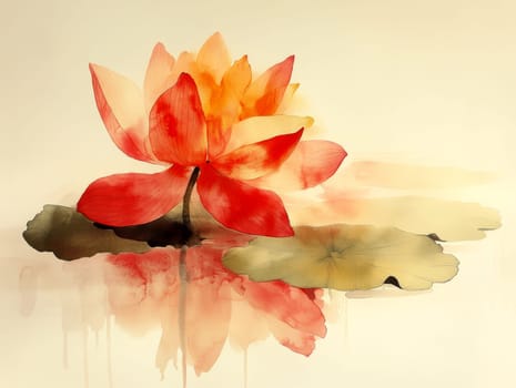 Lotus leaf, water reflection, perspective aesthetics, soft gradient colors, red and yellow, minimalist image from ancient China. AI generative.
