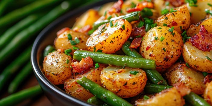 Rustic country-style dish with roasted new potatoes in a plate, tender green beans and crispy bacon bits. AI generative.