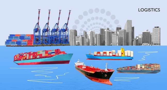Industrial container cargo freight ship for import or export in port. Abstract design background, trucks and transport. Highway and delivering. Collage with globe. Logistics concept