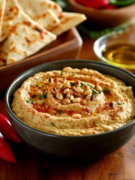 roasted garlic hummus served in bowl topped with paprika, flat parsely and roasted pine . AI generative.