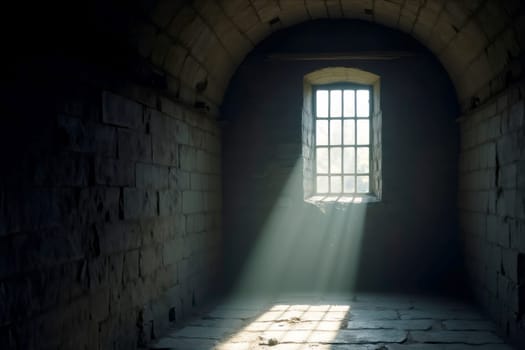 Sunlight streams through a barred window, illuminating a dim, stone-walled room with a sense of solitude and mystery. Dust particles float in the beams, enhancing the moody atmosphere.