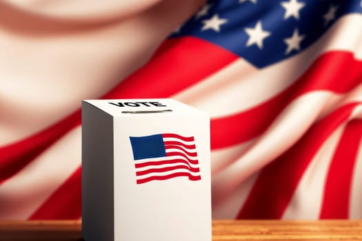A white ballot box with the word 'VOTE' and an American flag symbol in front of a large American flag background, symbolizing U.S. elections and patriotic duty.