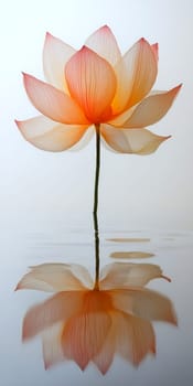Lotus leaf, water reflection, perspective aesthetics, soft gradient colors, red and yellow, minimalist image from ancient China. AI generative.