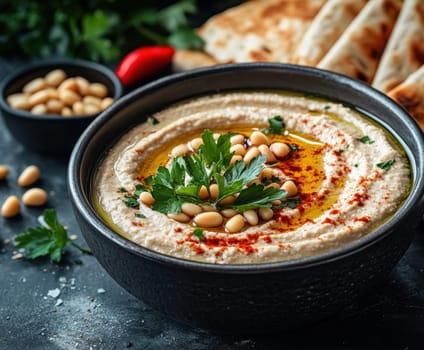 roasted garlic hummus served in bowl topped with paprika, flat parsely and roasted pine . AI generative.