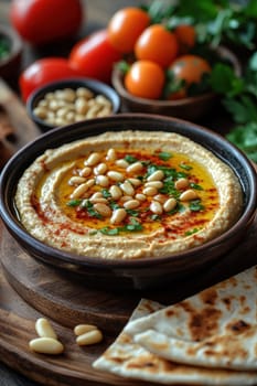 roasted garlic hummus served in bowl topped with paprika, flat parsely and roasted pine . AI generative.