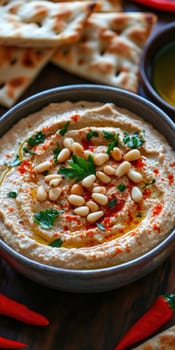roasted garlic hummus served in bowl topped with paprika, flat parsely and roasted pine . AI generative.