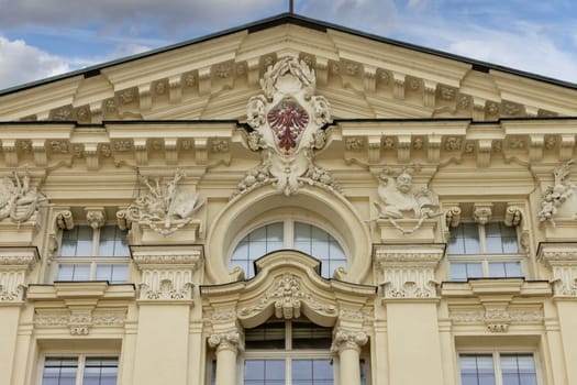 Innsbruck, Austria - February 26, 2023: Decorative facade of baroque Tyrolean state parliament (Tiroler Landtag) located on Maria Theresa Street