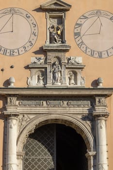 Czestochowa, Poland - October 18, 2024: Facade of Jasna Gora Basilica with two sundials. 14th century baroque Jasna Gora Monastery (Light Mountain), famous pilgrimage center.